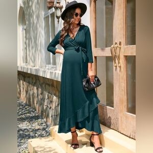 NWT! Fashion Womens XL green wrap hi lo ruffle maxi maternity dress